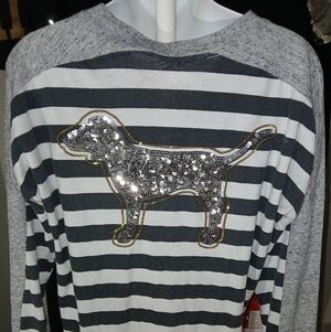 PINK Victoria's Secret Striped And Marled Grey With Big Bling Dog On Back